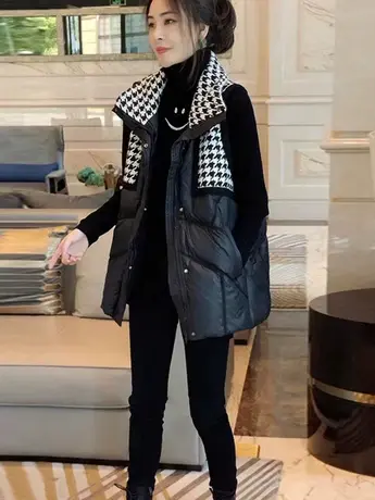 千鸟格撞色拼接羽绒棉服马甲女爆款坎肩外套冬季2023新款欧洲站潮图片
