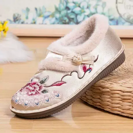 秋冬季保暖妈妈棉鞋老北京布鞋女加绒加厚民族风绣花鞋防滑毛毛鞋图片