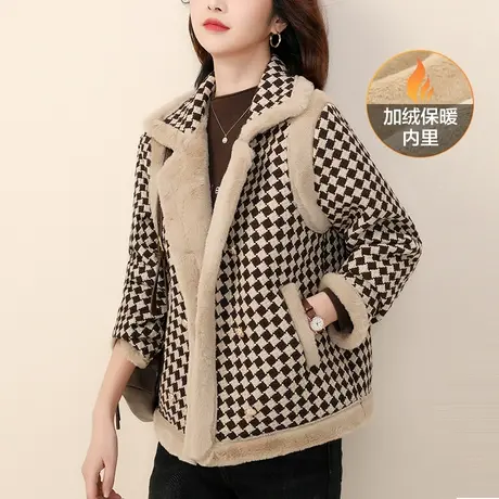 韩潮袭人高级感复古西装领格子外套女2023冬新款加绒加厚保暖夹克图片