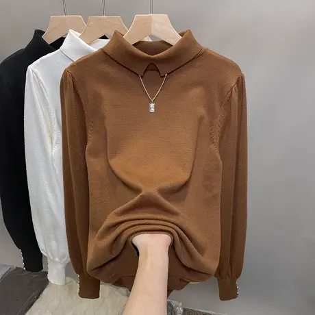 方领毛衣女上衣2023秋冬新款套头泡泡袖外穿针织衫内搭加厚打底衫商品大图