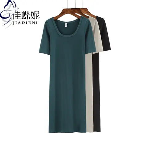 连衣裙女2025春夏新款圆领短中袖裙子纯白内搭简约基础款中长T恤图片