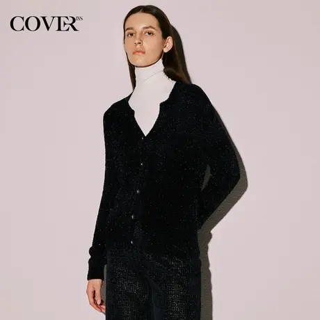 COVER冬季细闪羽毛纱圆V领针织外套商品大图