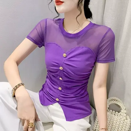 性感T恤女短袖2024夏装新款网纱拼接小衫设计感开叉上衣修身体恤商品大图