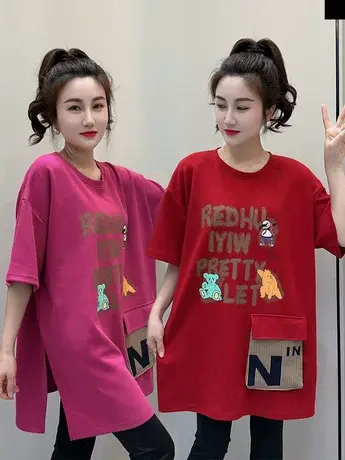 2023新款夏季宽松大码女式印花卡通字母大口袋圆领时尚短袖T恤商品大图
