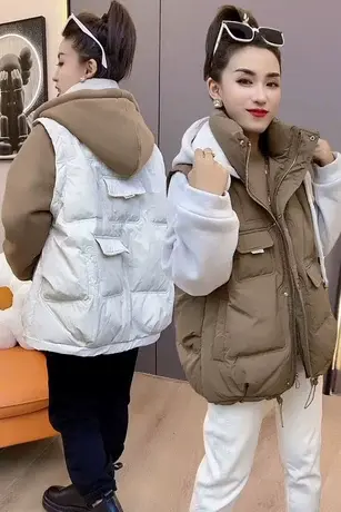 羽绒棉马甲假两件冬2023新款长袖棉衣拼接卫衣袖棉服中长款面包服商品大图