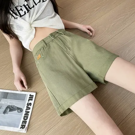 军绿色牛仔短裤女弹力夏季小个子薄款高腰显瘦卷边阔腿a字热裤子商品大图