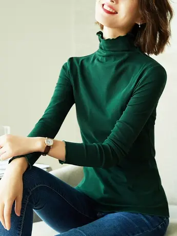 高领打底衫女长袖2023春季新款洋气保暖内搭上衣时尚堆堆领t恤商品大图