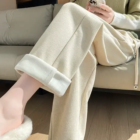 杏色羊绒阔腿裤女秋冬2024年新款直筒雪尼尔窄版加绒加厚休闲裤子商品大图