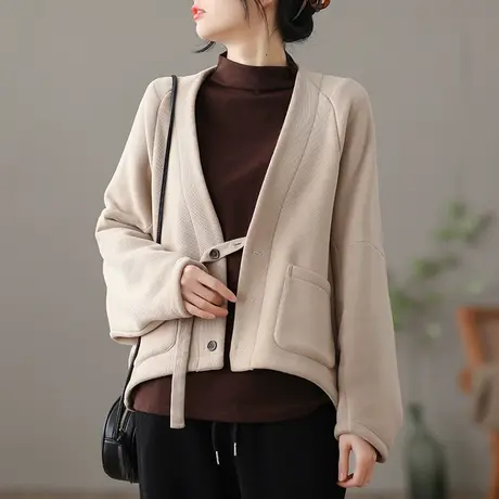 dza文艺复古纯棉短款小V领开衫上衣加绒2022新款春季外套女士宽松图片