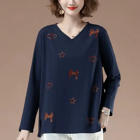 加肥加大码长袖t恤女春秋新款中年妈妈纯棉洋气遮肚子显瘦打底衫商品大图