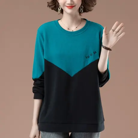 妈妈秋装新款卫衣女加肥加大码女装宽松休闲拼接百搭显瘦圆领上衣商品大图