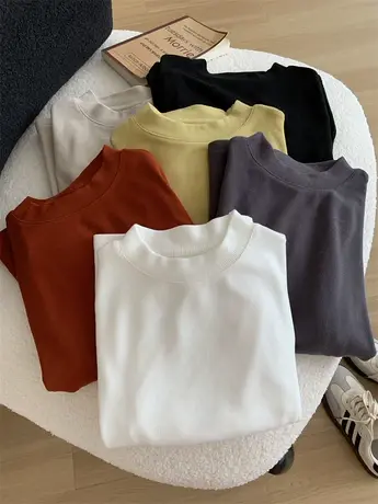 慕斯绒半高领打底衫女秋冬加厚磨毛基础内搭显瘦百搭保暖长袖T恤商品大图