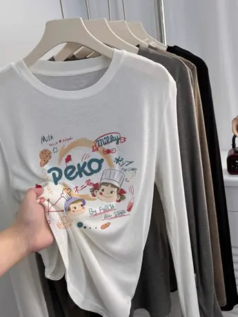 白色仿棉长袖t恤2023早秋新款欧货女装冬季加绒内搭打底衫上衣服商品大图