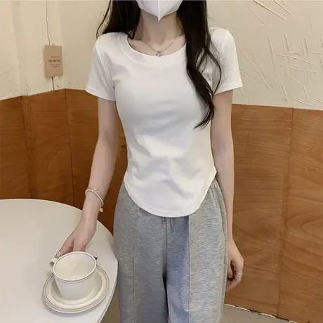 白色法式别致ins短袖正肩t恤女夏季设计感小众纯欲修身短款上衣潮图片