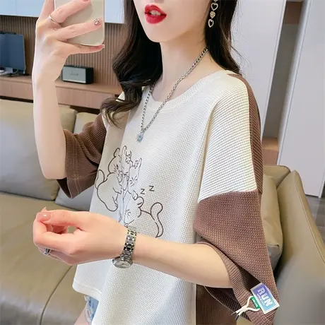 小众设计感短袖t恤女夏季韩版宽松华夫格撞色小个子短款上衣体桖商品大图