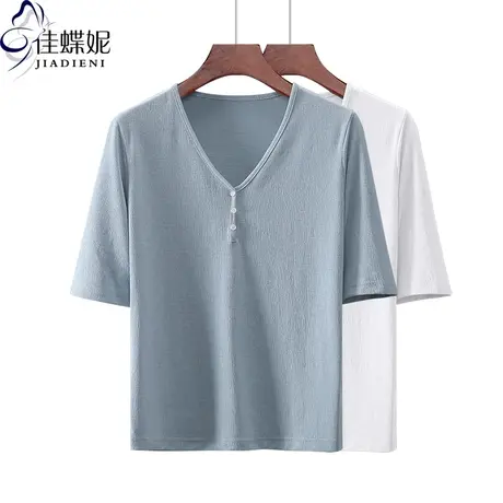 夏季新款韩版纯棉V领宽松休闲纯色短袖体恤上衣内搭女打底衫商品大图