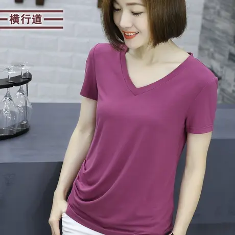 横行道夏装纯色休闲短袖女士t恤宽松半袖褶皱上衣v领打底衫莫代尔商品大图