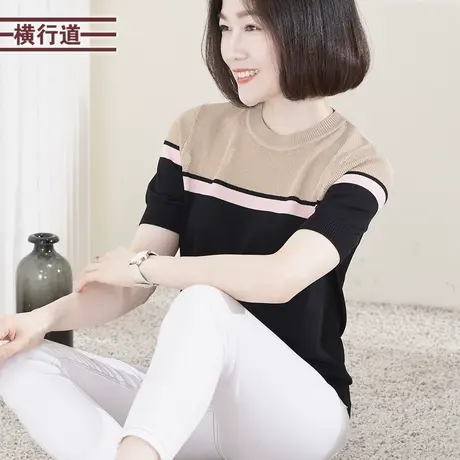 针织短袖女夏圆领撞色休闲纯色拼色大码妈妈中年女装2025新款上衣图片