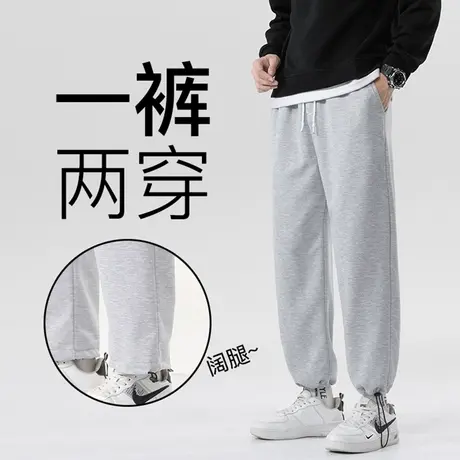 美式重磅灰色加绒卫裤男士秋冬季潮牌束脚运动裤冬款直筒加厚裤子图片