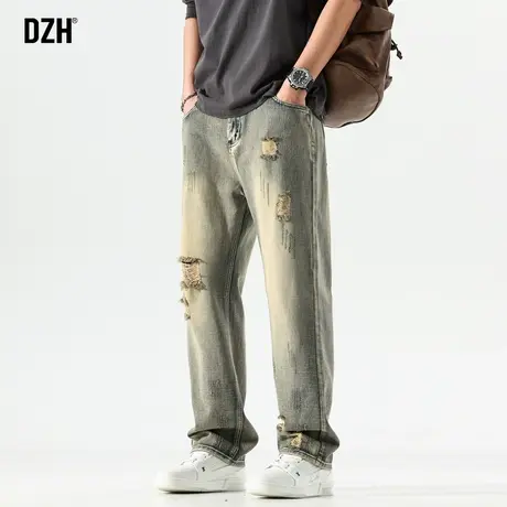 男士黄泥染牛仔裤男直筒宽松潮牌男裤2023新款休闲长裤破洞裤秋季商品大图