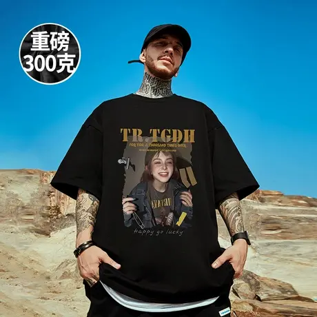 美式复古重磅潮牌宽松T恤胖子短袖男士加肥加大纯棉大码男装夏季商品大图