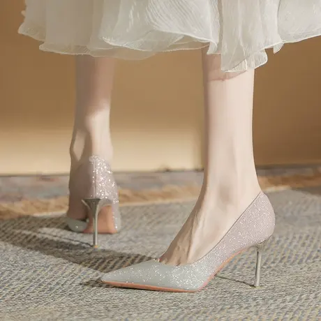 高跟鞋女2024年新款春夏季性感水钻单鞋细跟百搭尖头名媛风宴会鞋商品大图