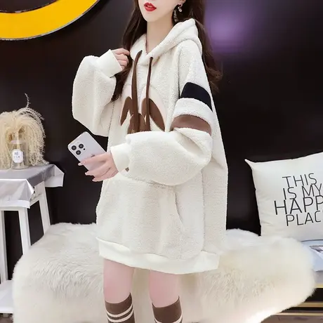 加绒加厚连帽卫衣女中长款2024新款春季爆款宽松慵懒风羊羔毛外套图片