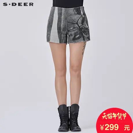 sdeer圣迪奥女装2018冬装水墨印花加绒时尚毛边直筒短裤S16480950商品大图