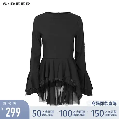 sdeer圣迪奥女装22春夏新品圆领网纱拼接蕾丝不规则衬衫S221Z0514图片