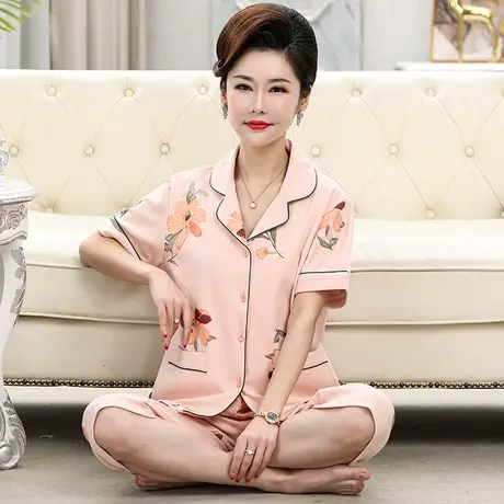中老年人造棉上衣女短袖棉绸睡衣女夏季妈妈老年人绵绸家居服套装商品大图