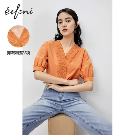 伊芙丽衬衫女夏21年新款设计感V领小众泡泡袖短袖衬衣1B6926481商品大图