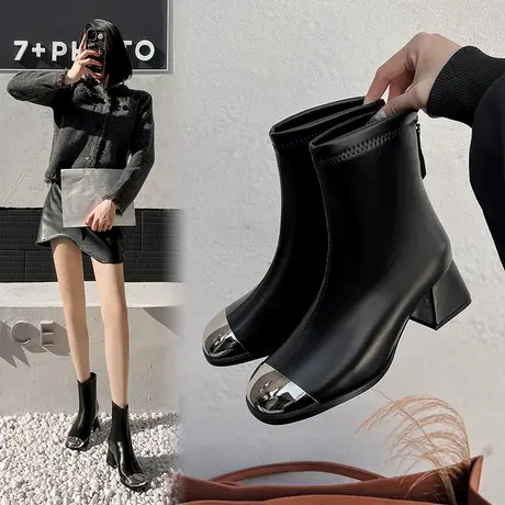 黑色短靴女2024年新款秋冬季加绒粗跟方头马丁靴小个子增高瘦瘦靴商品大图