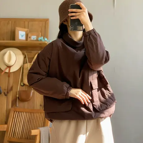 dza 复古纯色高领口袋套头棉衣外套女冬内搭叠穿宽松上衣休闲棉服商品大图