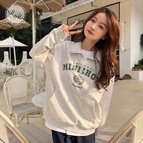 yoe米杏色卫衣女美式复古半开胸洋气套头上衣女款polo衫女装运动商品大图