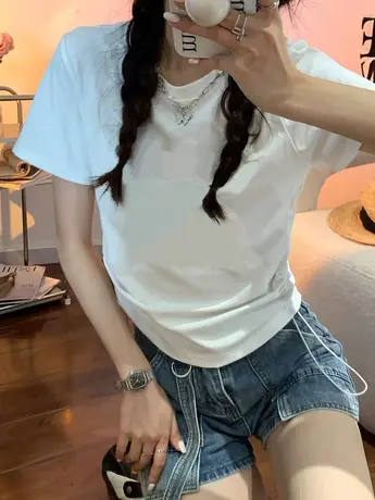 短袖t恤女2024夏季新款韩版小个子修身上衣抽绳设计美式正肩体恤商品大图