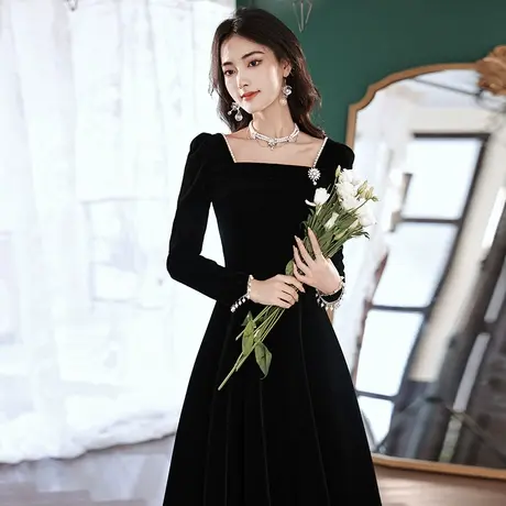 黑色晚礼服裙女2023新款年会冬季长袖高级感丝绒法式声乐艺考高端图片