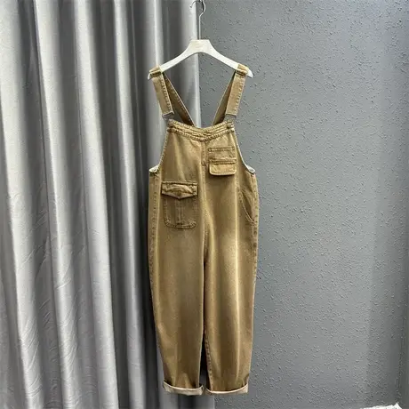 欧货卡其色口袋设计感牛仔背带裤女2024春季新款高腰显瘦连体长裤图片