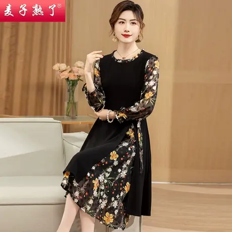 妈妈春秋装连衣裙阔太太时尚气质过膝假两件套2023冬款中老年女装图片