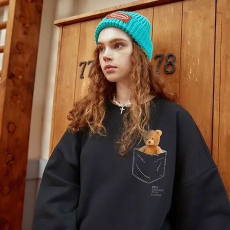 日系原宿风加绒加厚小熊圆领卫衣男潮加肥加大港风潮牌高街上衣冬商品大图