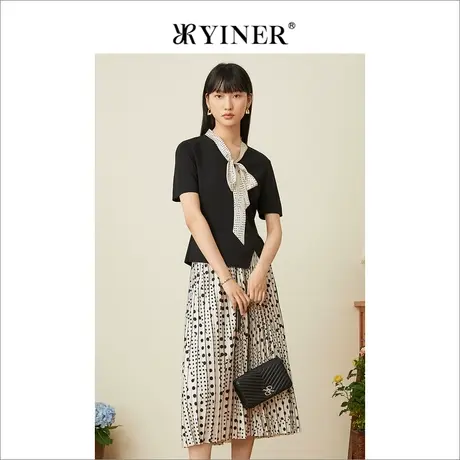 YINER音儿女装夏季时尚撞色波点飘带短袖针织衫套头商品大图