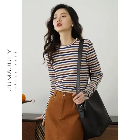 嘉茱莉2024秋季新款圆领条纹撞色长袖T恤女内搭薄款打底衫小众商品大图