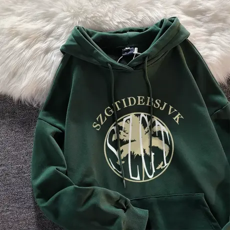 复古港味chic设计感连帽卫衣女秋冬加绒加厚ins潮牌宽松大码外套图片