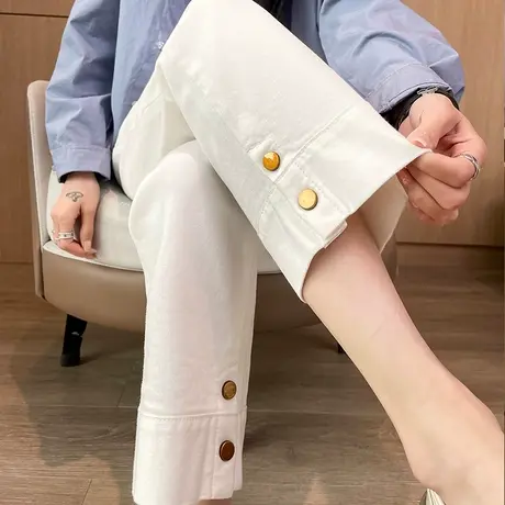 杏色直筒牛仔裤女春秋季2024年新款高腰显瘦小个子九分阔腿烟管裤图片