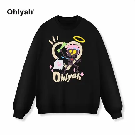 Ohlyah爱心印花长袖卫衣男女中性风潮流秋季宽松黑色打底定制图案商品大图