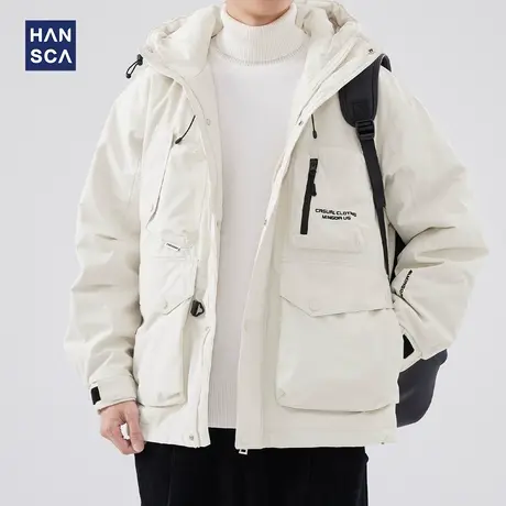 hansca户外工装连帽羽绒服男士冬季鸭绒立体口袋字母刺绣保暖外套图片