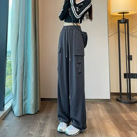 灰色美式工装裤女春秋2024新款垂感高腰直筒登山裤运动休闲阔腿裤图片