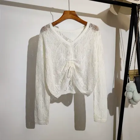 镂空抽绳系带针织衫女春夏新款吊带裙子外搭宽松显瘦防晒披肩上衣图片