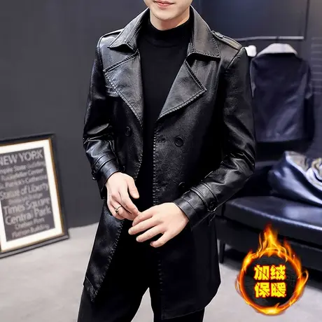 加绒加厚中长款皮衣男士潮牌个性帅气机车服PU皮大衣冬季翻领风衣商品大图
