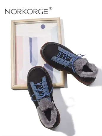 2023新款秋冬复古真毛保暖小皮鞋毛毛鞋粗跟厚底羊毛增高平底单鞋图片