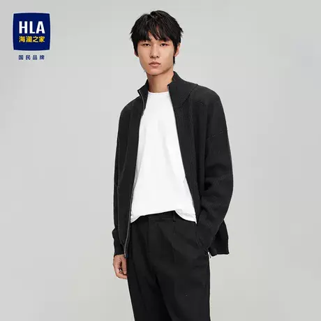 HLA/海澜之家SPRINTING SMILE秋冬款半高领针织开衫黑毛衣外套男商品大图